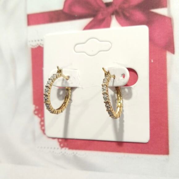 Diamond 14k yellow gold on 925 Sterling Silver Huggie Hoop Earrings RSE Signed - Picture 2 of 13